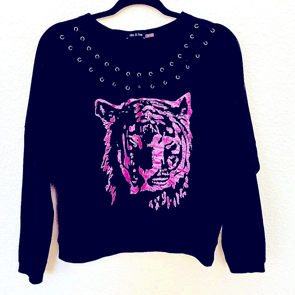 Black Scoop Neck Sweater Top with Pink Tiger.